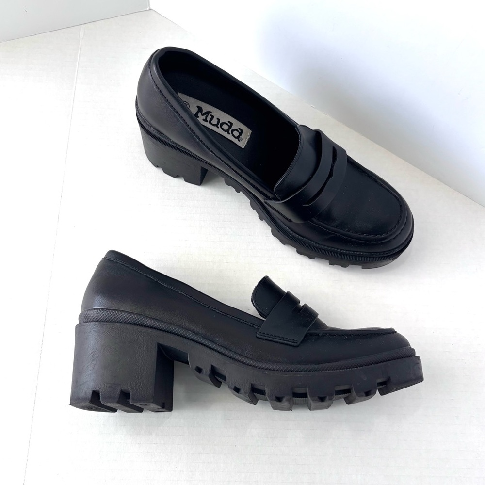 Mudd Penny Loafers Women’s Size 7.5 Black Chunky Platform Lug Block Heel Y2K - Picture 2 of 12